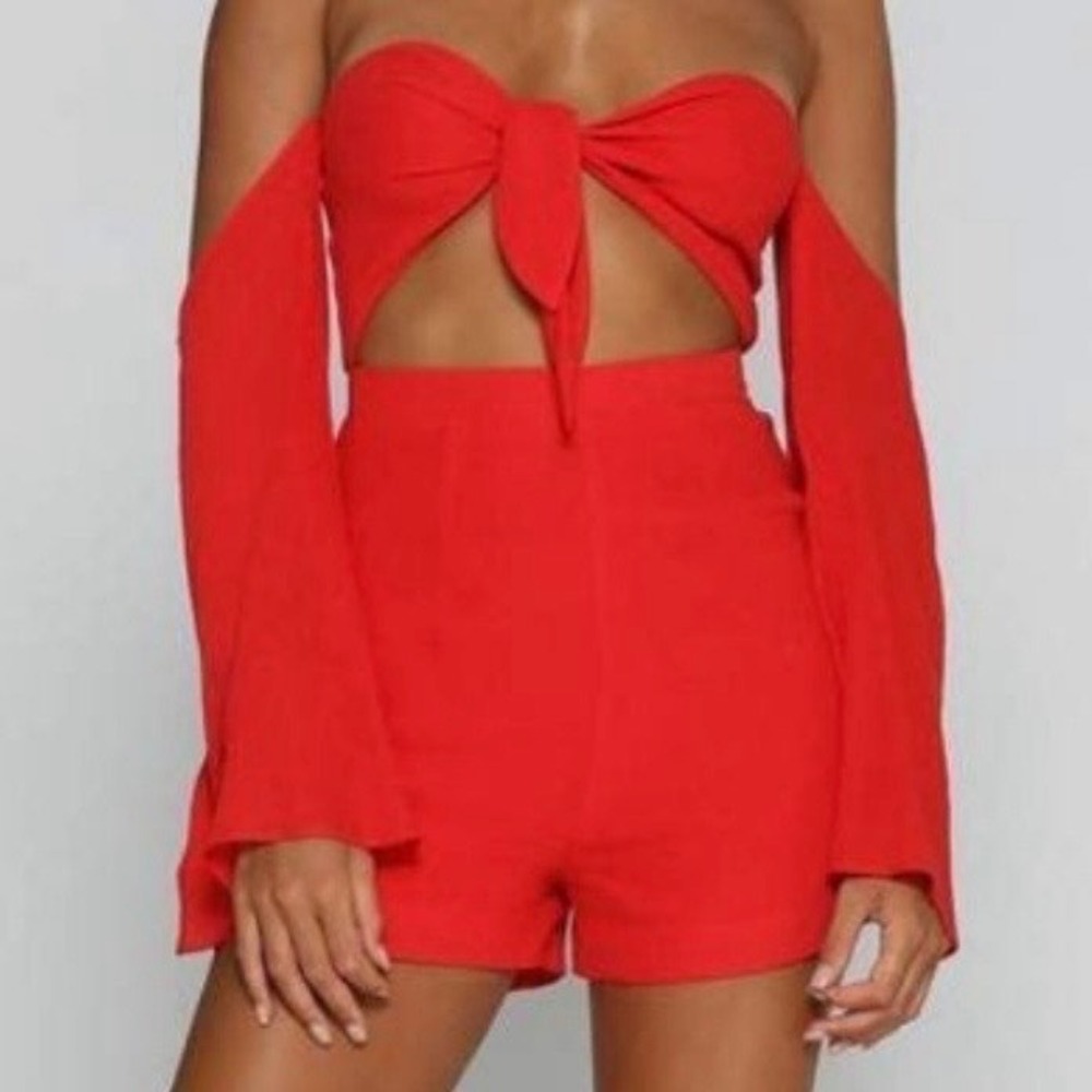 Meshki Red Off The Shoulder Bell Sleeve Tie Front Cutout Romper Small
